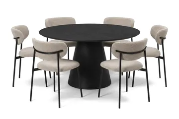 Siena spisegruppe rund 130 cm svart med 6 Lucy spisestoler