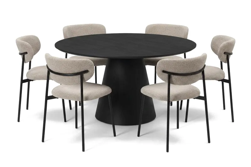 Siena spisegruppe rund 130 cm svart med 6 Lucy spisestoler, Svartbeiset eik