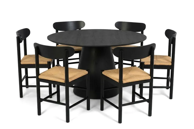 Siena Spisegruppe rund 130 cm Svart med 6 Malte Spisestoler, undefined