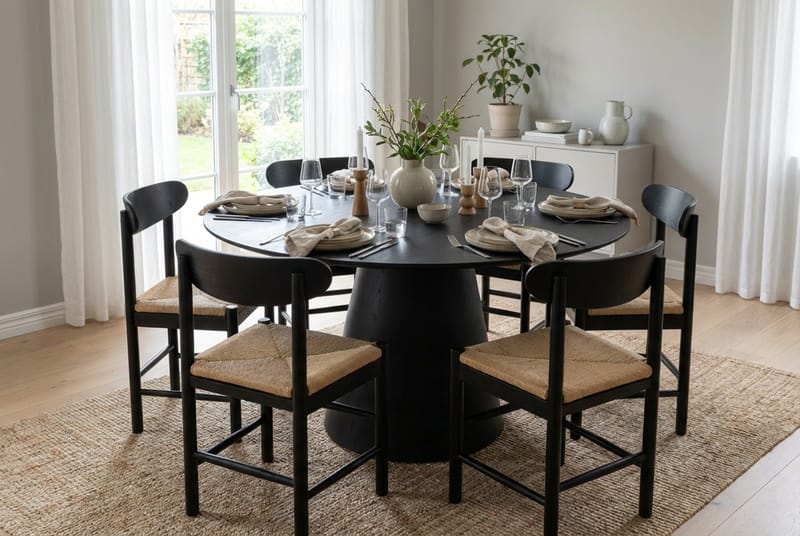 Siena Spisegruppe rund 130 cm Svart med 6 Malte Spisestoler - Møbler - Bord - Spisegrupper