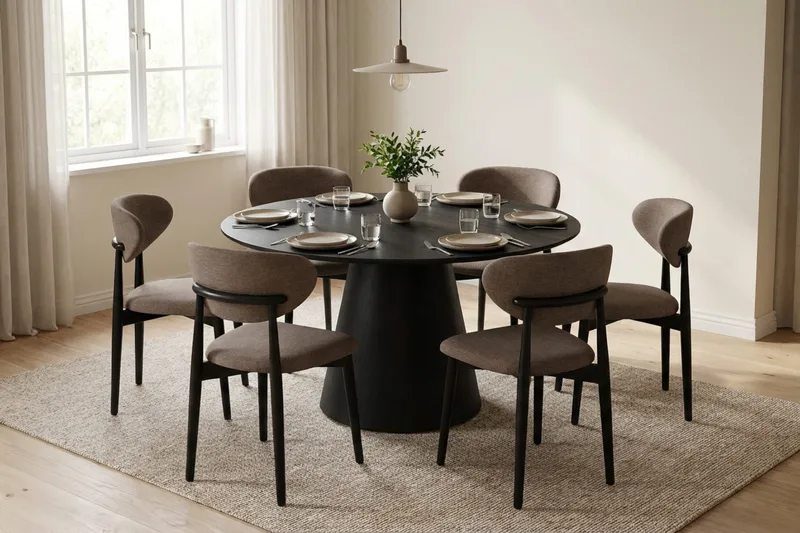 Siena spisegruppe rund 130 cm svart med 6 Molly spisestoler - Svart - Møbler - Bord - Spisegrupper