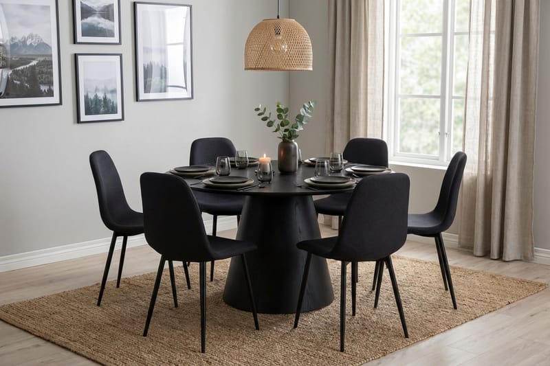 Siena spisegruppe rund 130 cm svart med 6 Nibe spisestoler - Svart - Møbler - Bord - Spisegrupper