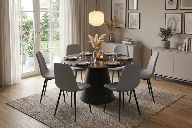 Siena spisegruppe rund 130 cm svart med 6 Nibe spisestoler - Svart - Møbler - Bord - Spisegrupper