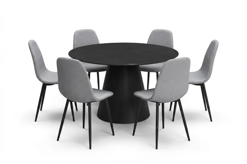 Siena spisegruppe rund 130 cm svart med 6 Nibe spisestoler, Svartbeiset eik