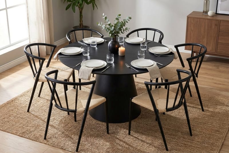 Siena spisegruppe rund 130 cm svart med 6 Winston spisestoler - Svart - Møbler - Bord - Spisegrupper