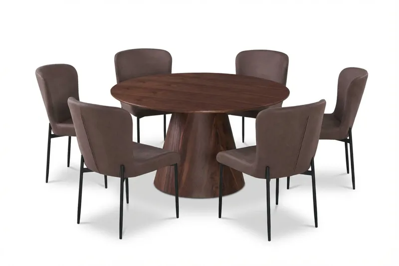Siena spisegruppe rund 130 cm valnøtt med 6 Elsie spisestoler, Valnøtt/Brun