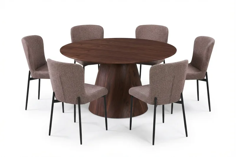 Siena Spisegruppe Rund 130 cm Valnøtt med 6 Elsie Spisestoler - Valnøtt/Grå - Møbler - Bord - Spisegrupper