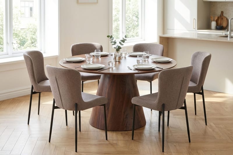 Siena Spisegruppe Rund 130 cm Valnøtt med 6 Elsie Spisestoler - Valnøtt/Grå - Møbler - Bord - Spisegrupper