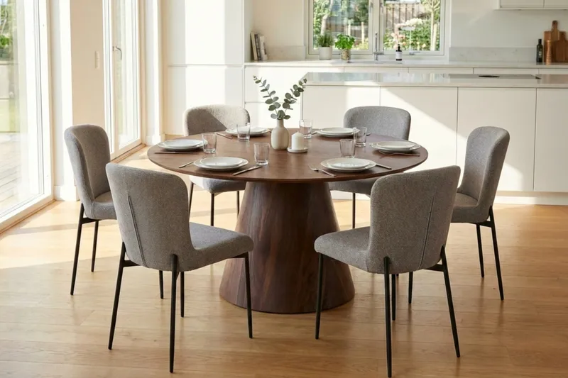 Siena spisegruppe rund 130 cm valnøtt med 6 Elsie spisestoler - Valnøtt/Lysegrå - Møbler - Bord - Spisegrupper