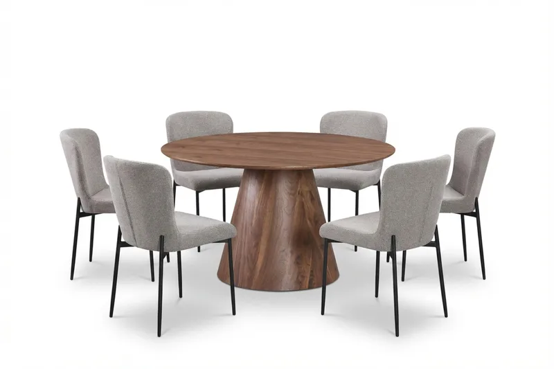 Siena spisegruppe rund 130 cm valnøtt med 6 Elsie spisestoler, Valnøtt/Lysegrå