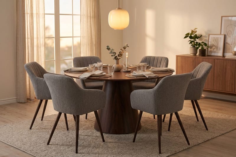 Siena spisegruppe rund 130 cm valnøtt med 6 Filippa spisestoler - Valnøtt - Møbler - Bord - Spisegrupper