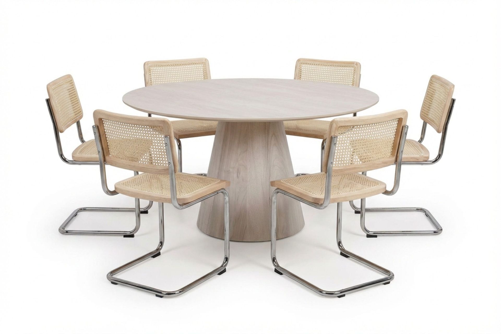 Siena spisegruppe rund 150 cm hvitlasert med 6 Build spisestoler - Hvitbeiset eik
