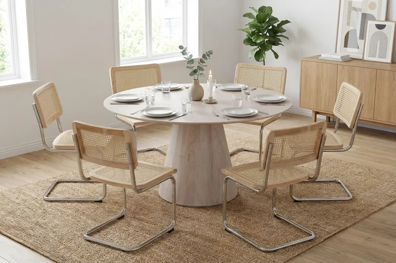 Siena spisegruppe rund 150 cm hvitlasert med 6 Build spisestoler - Hvitbeiset eik - Møbler - Bord - Spisegrupper