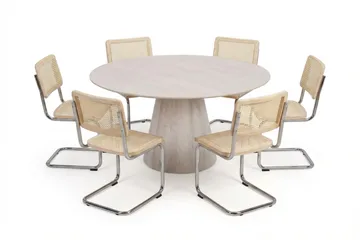 Siena spisegruppe rund 150 cm hvitlasert med 6 Build spisestoler - Hvitbeiset eik - Møbler - Bord - Spisegrupper