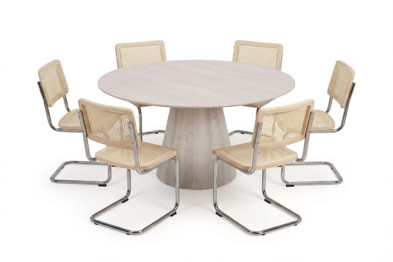 Siena spisegruppe rund 150 cm hvitlasert med 6 Build spisestoler - Hvitbeiset eik - Møbler - Bord - Spisegrupper