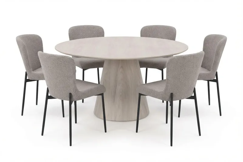 Siena spisegruppe rund 150 cm hvitlasert med 6 Elsie spisestoler, Hvitbeiset eik