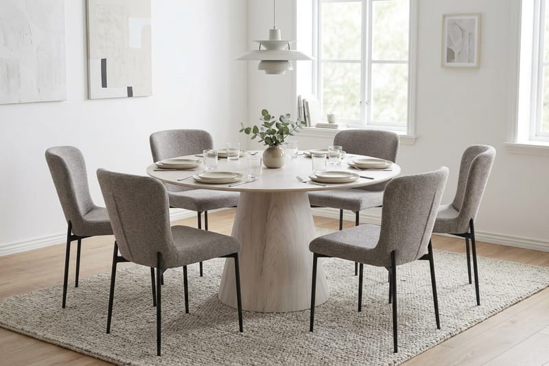 Siena spisegruppe rund 150 cm hvitlasert med 6 Elsie spisestoler - Hvitbeiset eik - Møbler - Bord - Spisegrupper