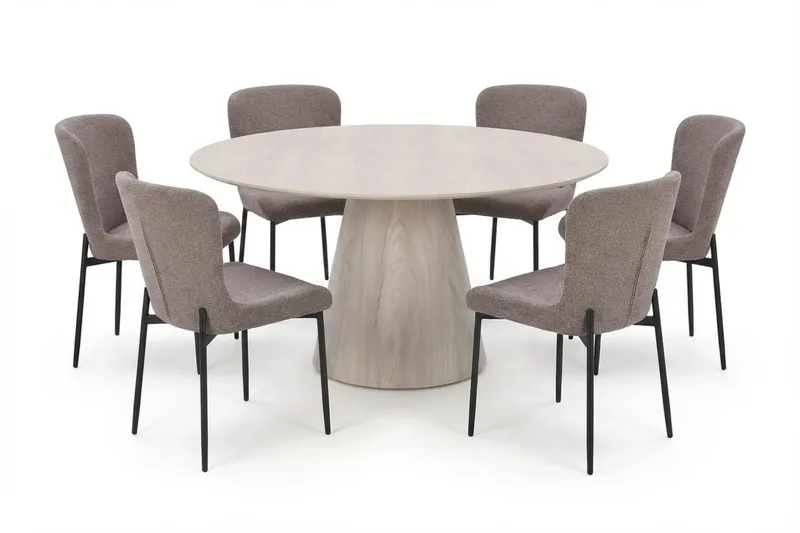 Siena spisegruppe rund 150 cm hvitlasert med 6 Elsie spisestoler, Hvitbeiset eik