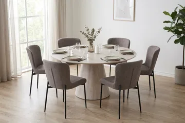 Siena spisegruppe rund 150 cm hvitlasert med 6 Elsie spisestoler - Hvitbeiset eik - Møbler - Bord - Spisegrupper