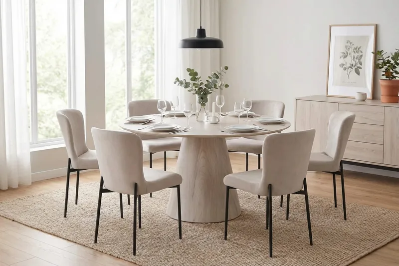 Siena spisegruppe rund 150 cm hvitlasert med 6 Elsie spisestoler - Hvitlasert/beige - Møbler - Bord - Spisegrupper