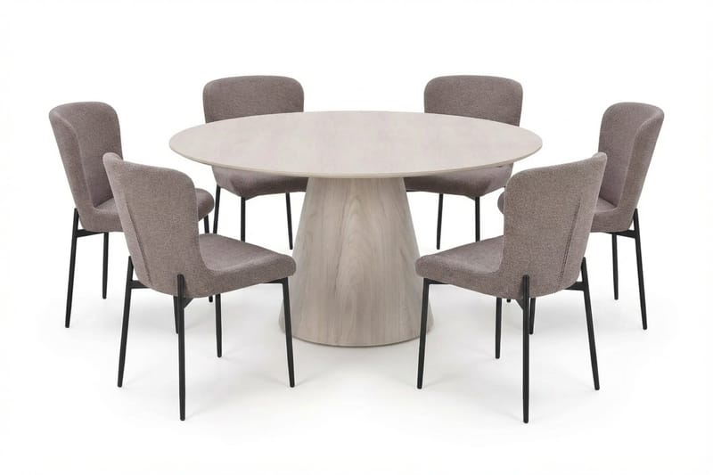 Siena spisegruppe rund 150 cm hvitlasert med 6 Elsie spisestoler - Hvitlasert/brun - Møbler - Bord - Spisegrupper