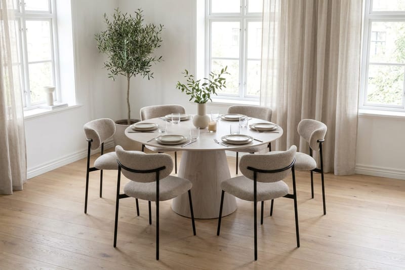 Siena spisegruppe rund 150 cm hvitlasert med 6 Lucy spisestoler - Hvitbeiset eik - Møbler - Bord - Spisegrupper