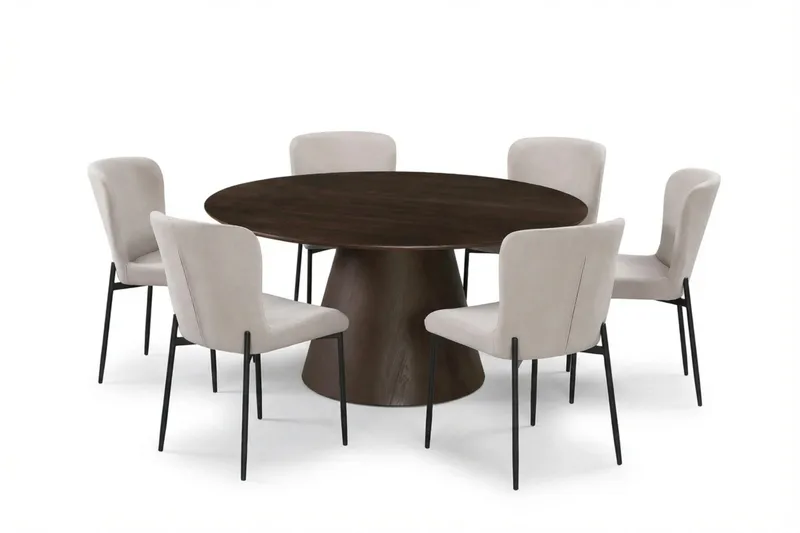 Siena Spisegruppe Rund 150 cm Røkt Eik med 6 Elsie Spisestoler - Røkt Eik/Beige - Møbler - Bord - Spisegrupper