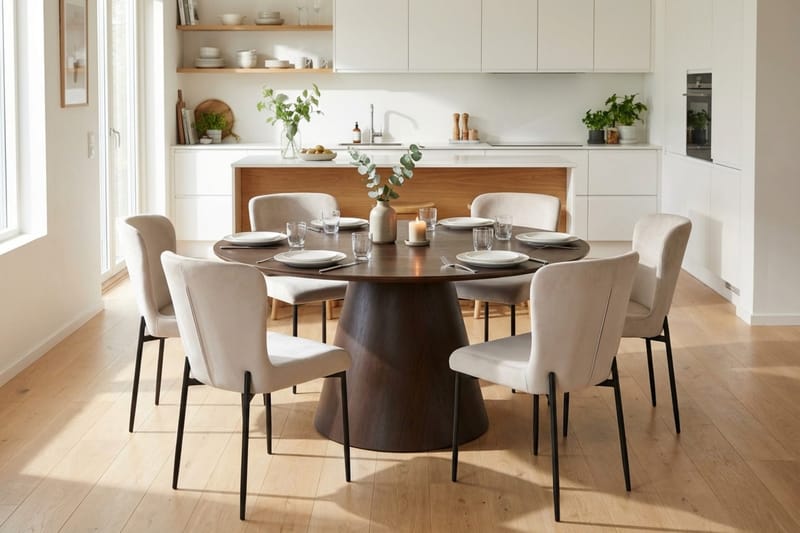 Siena Spisegruppe Rund 150 cm Røkt Eik med 6 Elsie Spisestoler - Røkt Eik/Beige - Møbler - Bord - Spisegrupper