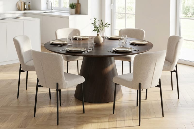 Siena Spisegruppe Rund 150 cm Røkt Eik med 6 Elsie Spisestoler - Røkt Eik/Hvit - Møbler - Bord - Spisegrupper