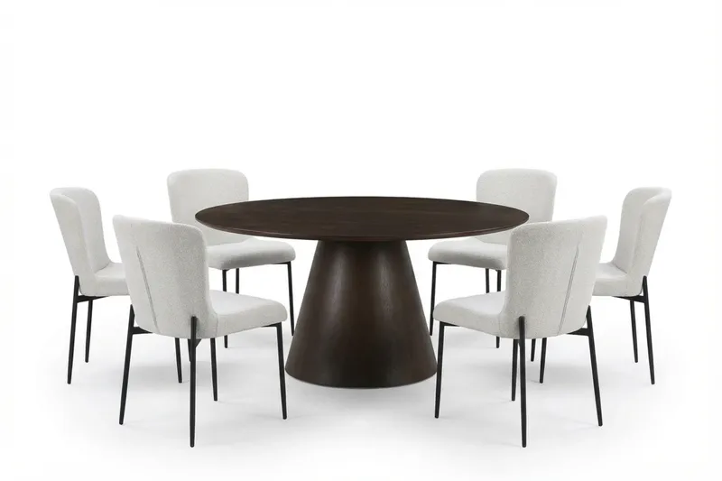 Siena Spisegruppe Rund 150 cm Røkt Eik med 6 Elsie Spisestoler, Røkt Eik/Hvit