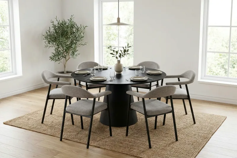 Siena spisegruppe rund 150 cm svart med 4 Ronja spisestoler - Beige/svart - Møbler - Bord - Spisegrupper