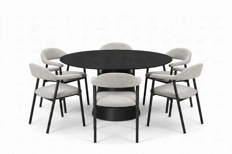 Siena spisegruppe rund 150 cm svart med 4 Ronja spisestoler, Beige/svart