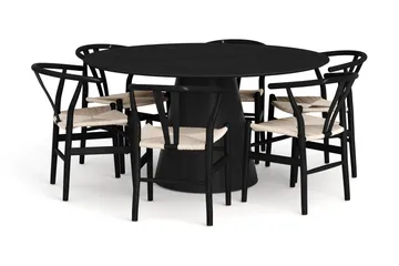 Siena Spisegruppe rund 150 cm Svart med 6 Dastoori spisestoler - Svartbeiset eik - Møbler - Bord - Spisegrupper