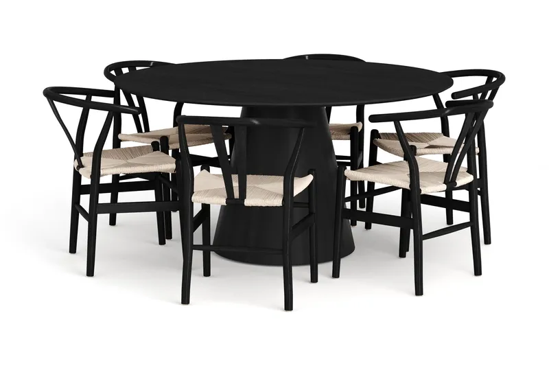 Siena Spisegruppe rund 150 cm Svart med 6 Dastoori spisestoler, Svartbeiset eik