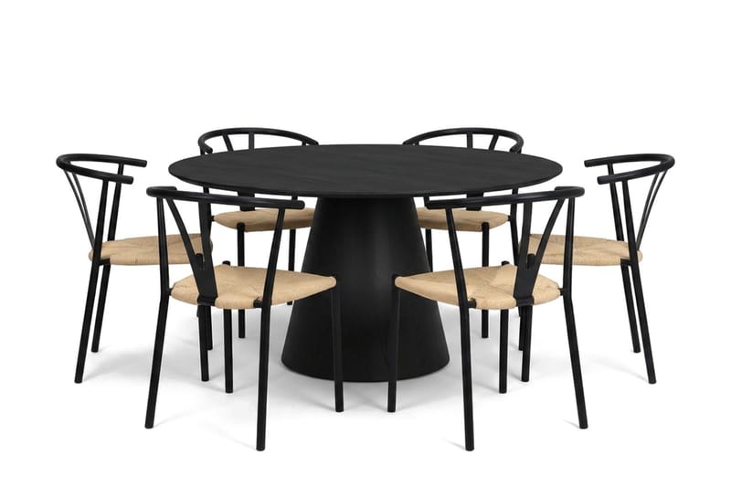 Siena spisegruppe rund 150 cm svart med 6 Elysia spisestoler, Svartbeiset eik