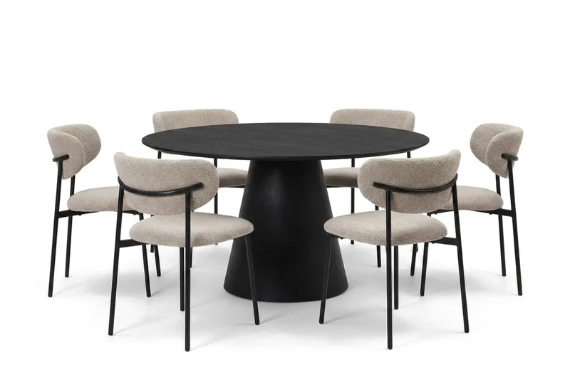 Siena spisegruppe rund 150 cm svart med 6 Lucy spisestoler, Svartbeiset eik