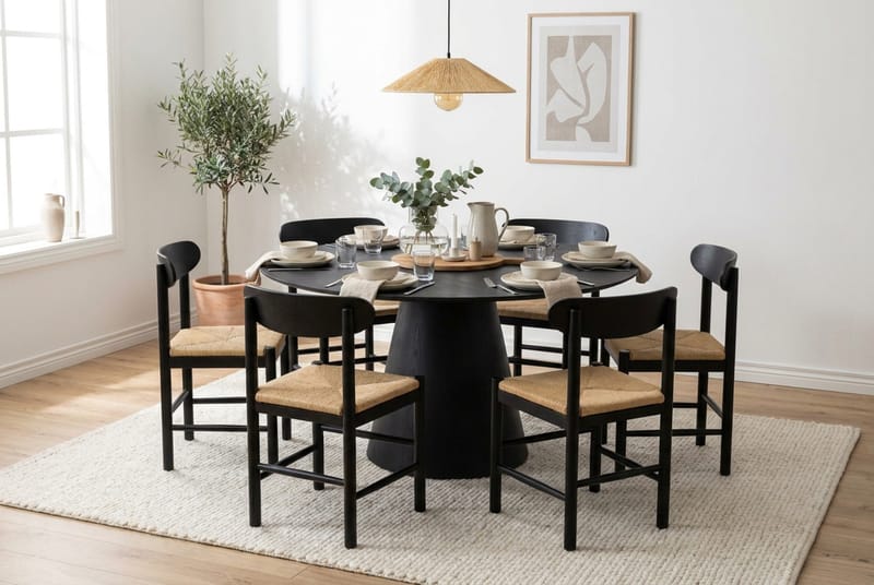Siena Spisegruppe rund 150 cm Svart med 6 Malte Spisestoler - Møbler - Bord - Spisegrupper