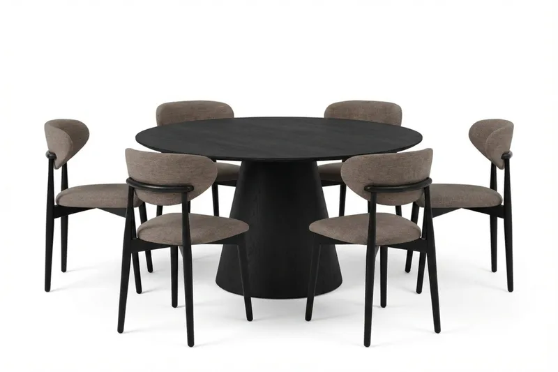 Siena spisegruppe rund 150 cm svart med 6 Molly spisestoler, Svartbeiset eik