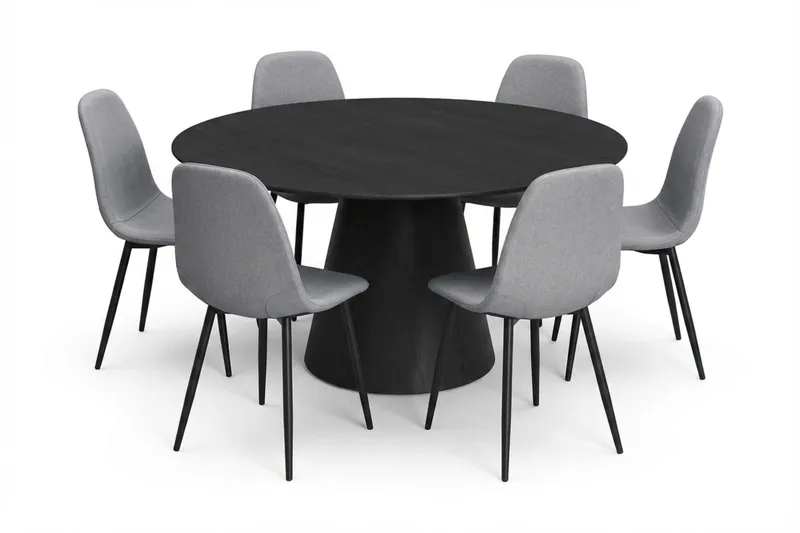 Siena spisegruppe rund 150 cm svart med 6 Nibe spisestoler, Svartbeiset eik