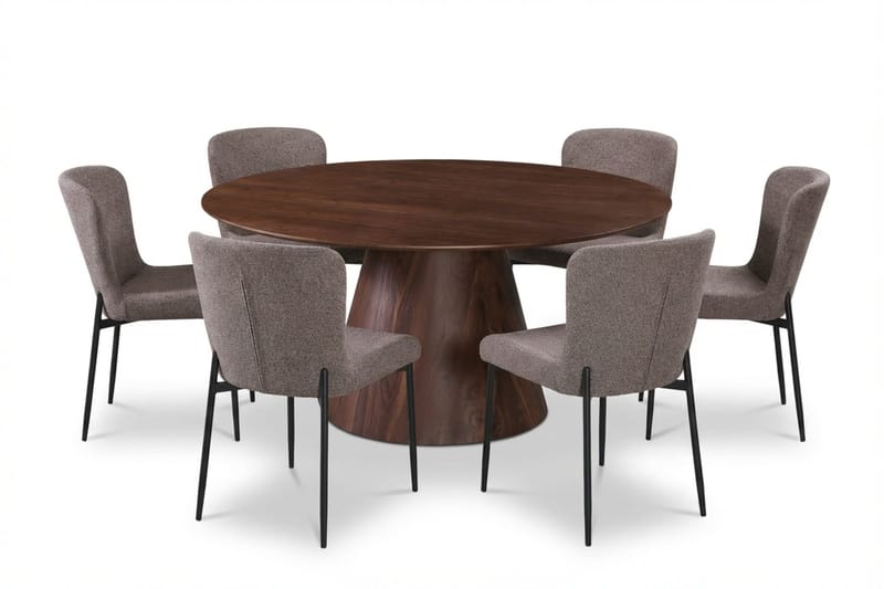 Siena Spisegruppe Rund 150 cm Valnøtt med 6 Elsie Spisestoler - Valnøtt/Grå - Møbler - Bord - Spisegrupper