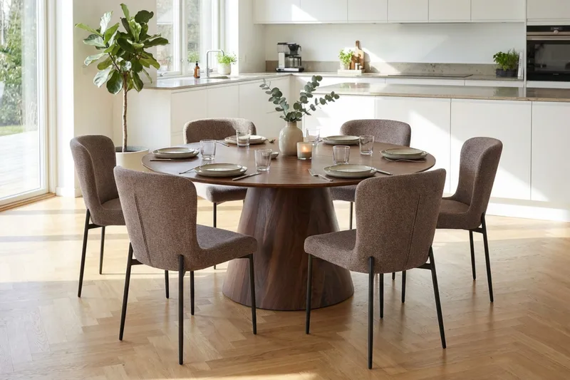 Siena Spisegruppe Rund 150 cm Valnøtt med 6 Elsie Spisestoler - Valnøtt/Grå - Møbler - Bord - Spisegrupper