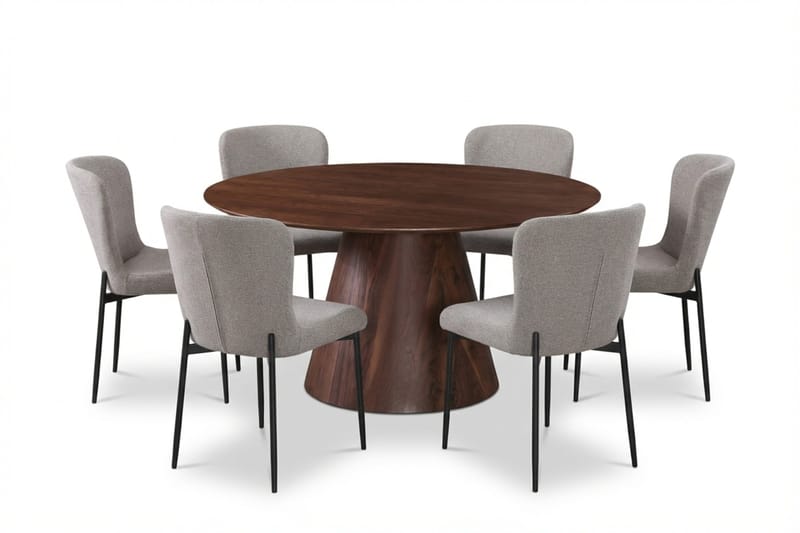 Siena spisegruppe rund 150 cm valnøtt med 6 Elsie spisestoler, Valnøtt/Lysegrå