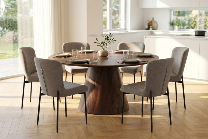 Siena spisegruppe rund 150 cm valnøtt med 6 Elsie spisestoler - Valnøtt/Lysegrå - Møbler - Bord - Spisegrupper
