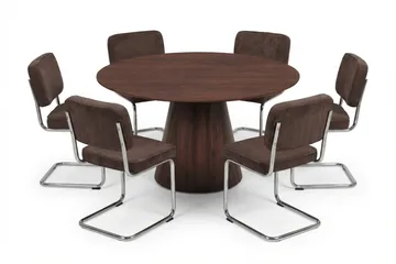 Siena spisegruppe rund 150 cm valnøtt med 6 Milva spisestoler