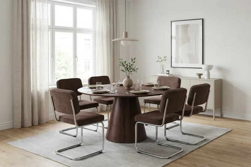 Siena spisegruppe rund 150 cm valnøtt med 6 Milva spisestoler - Valnøtt - Møbler - Bord - Spisegrupper