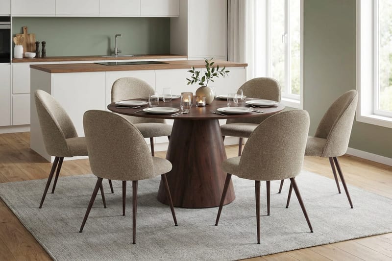 Siena spisegruppe rund 150 cm valnøtt med 6 Nibe Plus spisestoler - Valnøtt - Møbler - Bord - Spisegrupper