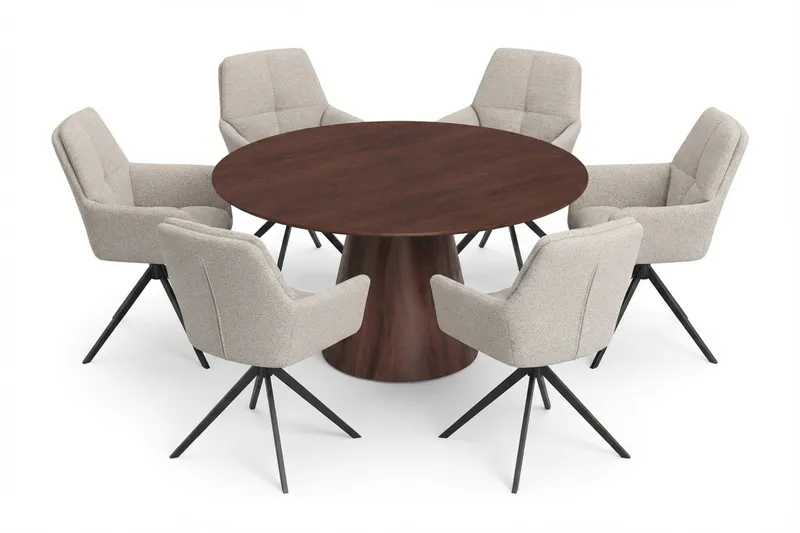 Siena Spisegruppe rund 150 cm Valnøtt med 6 Torsby spisestoler, Valnøtt