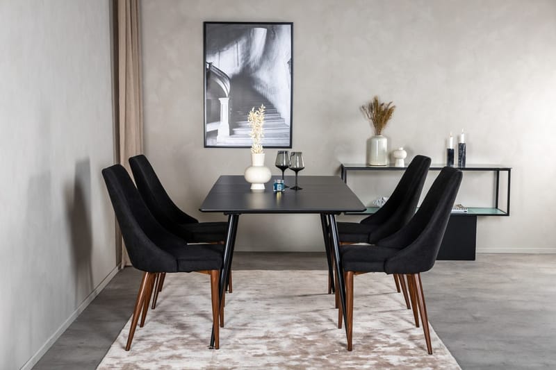 Silar Rektangulær Spisegruppe 120-160 cm med 4 Leone Spisestoler, svart