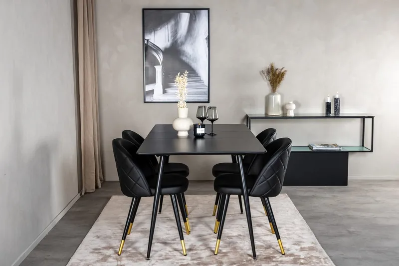 Silar Rektangulær Spisegruppe 120-160 cm med 4 Velvet Spisestoler, svart