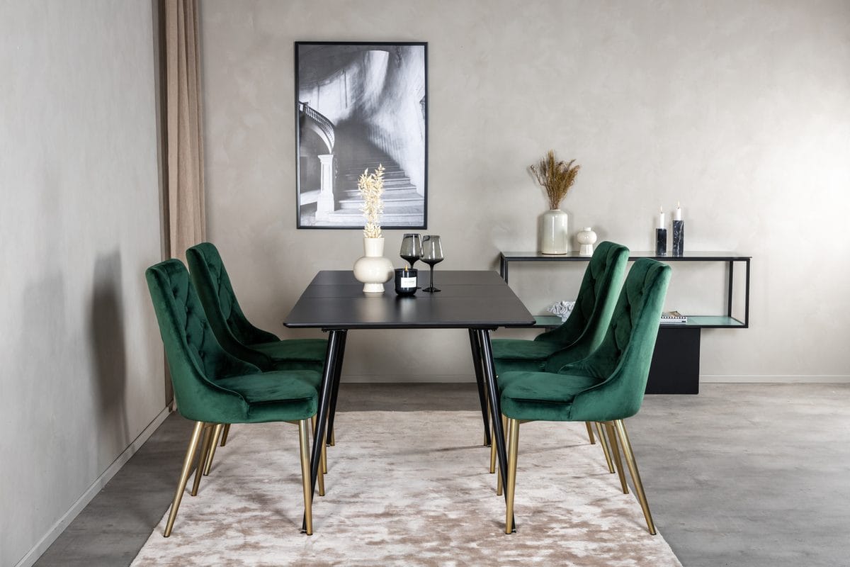 Silar spisegruppe uttrekkbar 120 cm rektangulær med 4 Velvet Deluxe-stoler - Svart/Gull/Grønn